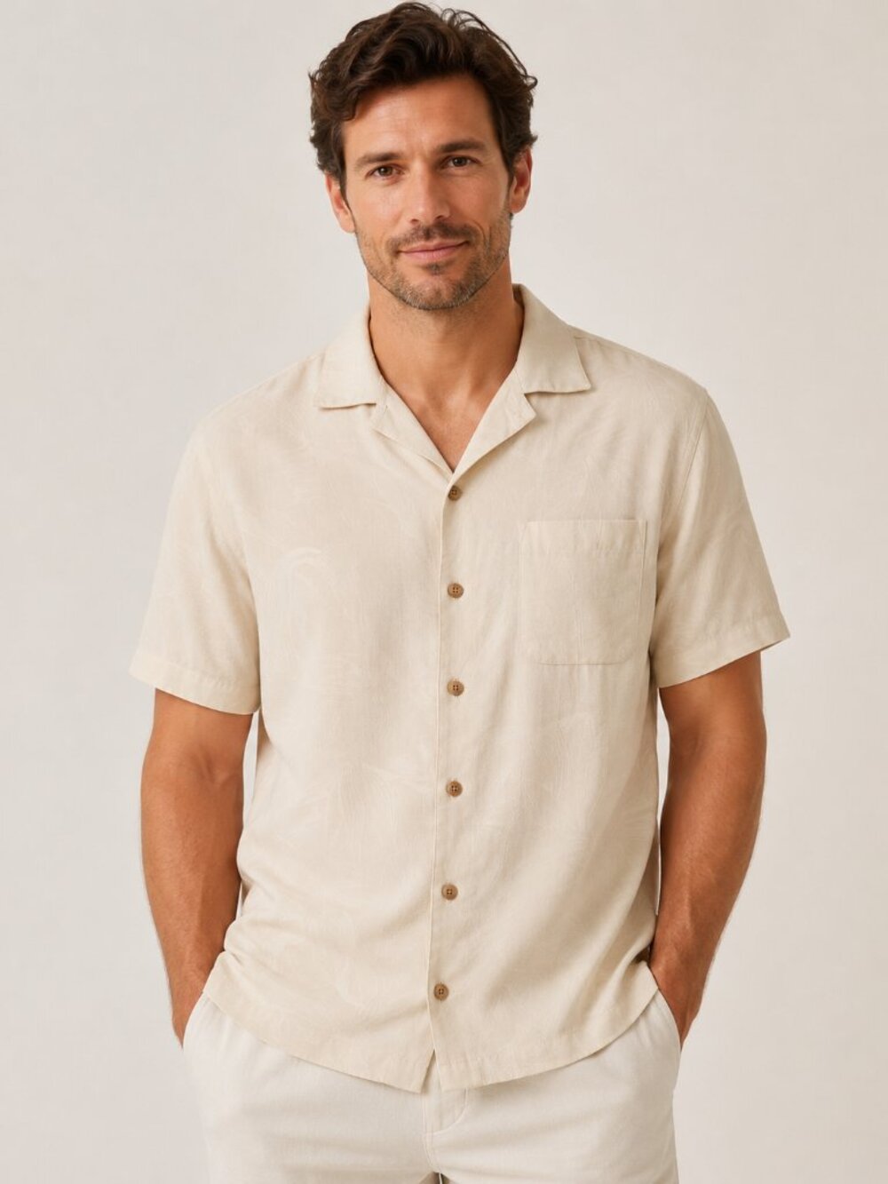 Caribbean Men’s Cream Jacquard Camp Shirt Short Sleeve Button Up XL Modal Blend